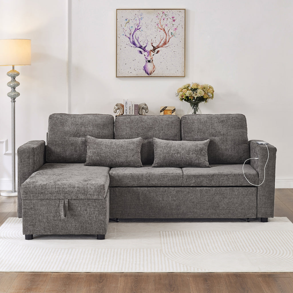 3-in-1 Convertible Chenille Sectional Sofa Bed with Convertible Storage Chaise, L-Shaped Sleeper Sofa with Integrated Charging Station and Adjustable Armrest Side Storage, USB & Type-C Ports, Grey