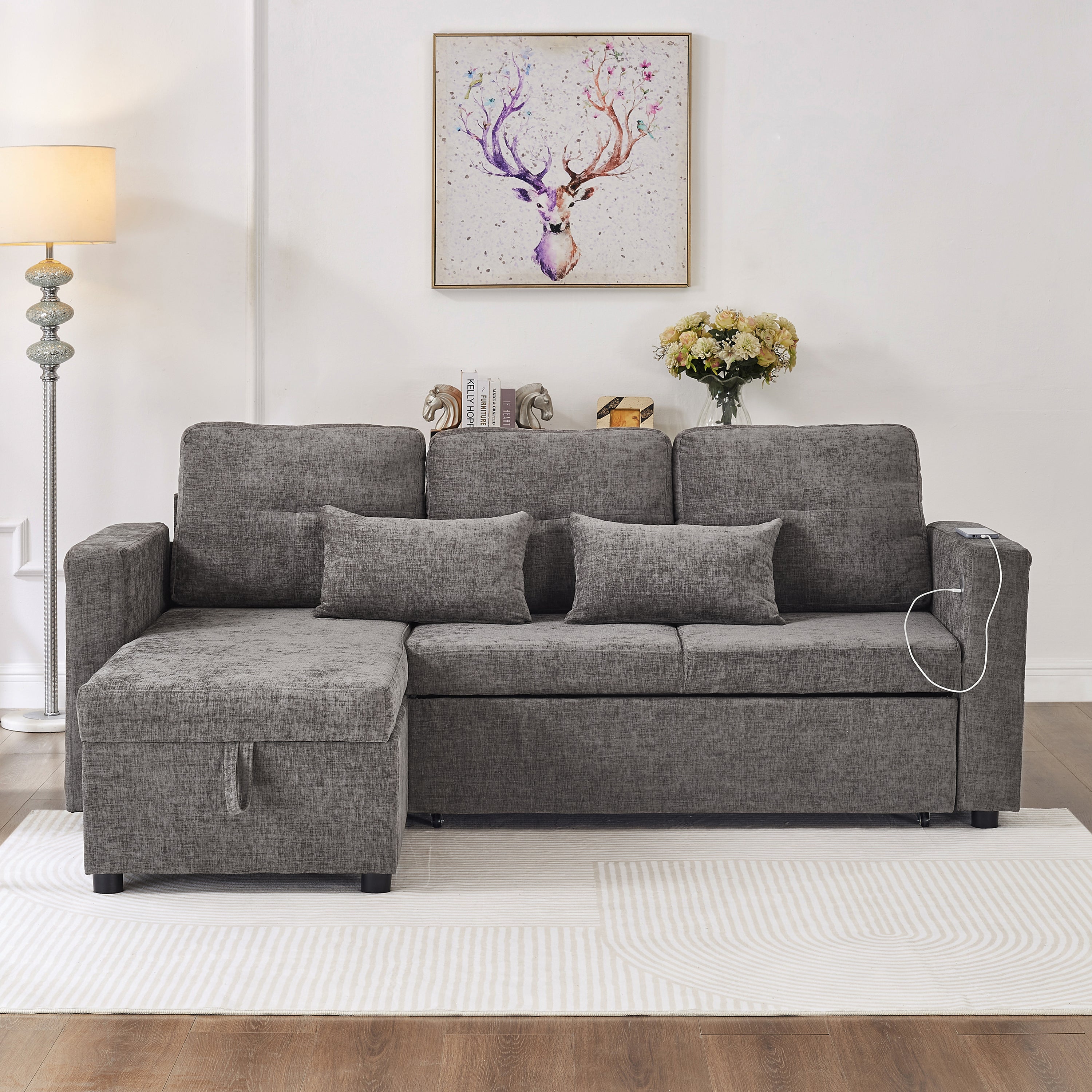 3-in-1 Convertible Chenille Sectional Sofa Bed with Convertible Storage Chaise, L-Shaped Sleeper Sofa with Integrated Charging Station and Adjustable Armrest Side Storage, USB & Type-C Ports, Grey