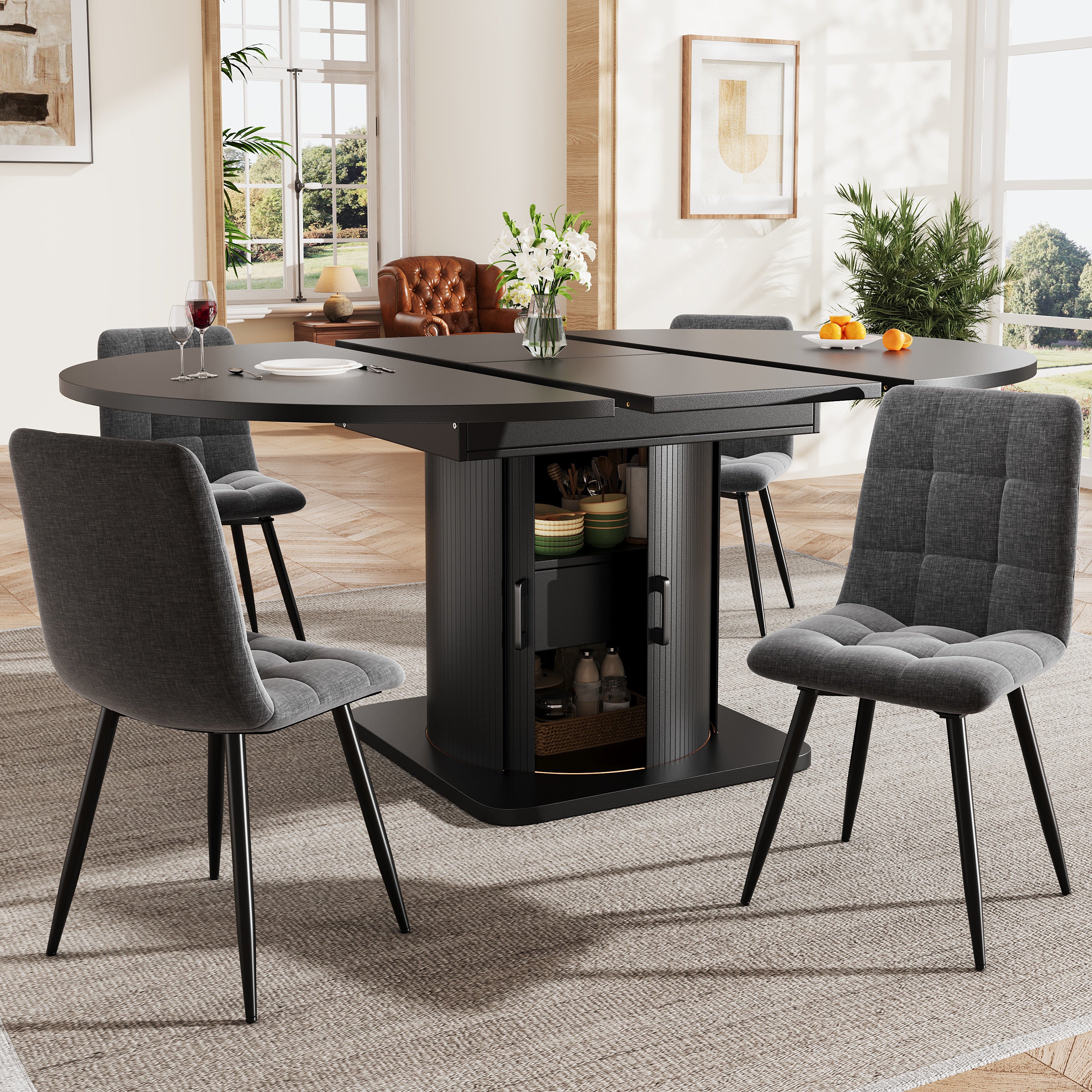 Extendable dining table, dining room table, kitchen table, round dining table, extends to oval, 118-158 cm, seats up to 6 people, dining table with drawers, black