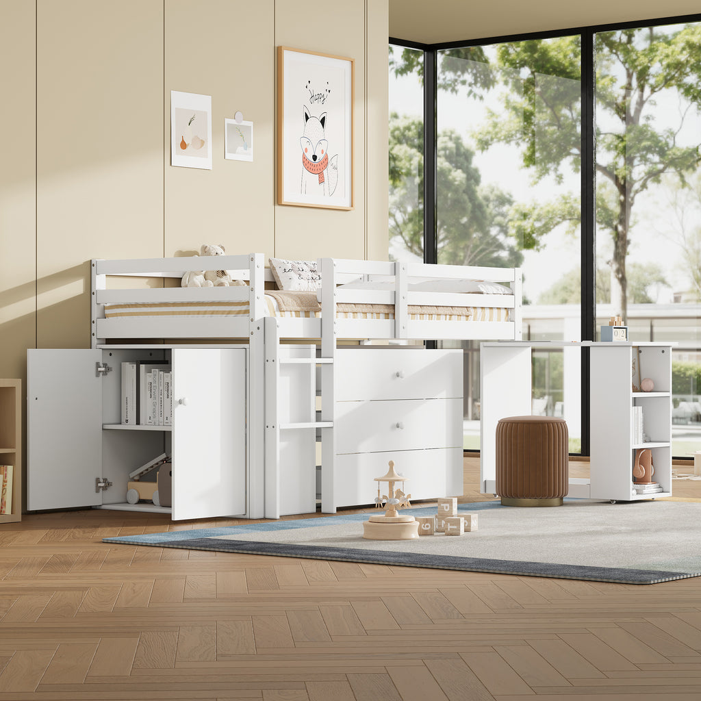 3ft Single Modern Wood Bed with Pull-out Desk, Wooden Children's Cabin Bed with 3 Drawers, Storage Cabinet & Shelves, Flexible Two-way Installation, Space-saving Loft Bed, White (No Mattress)