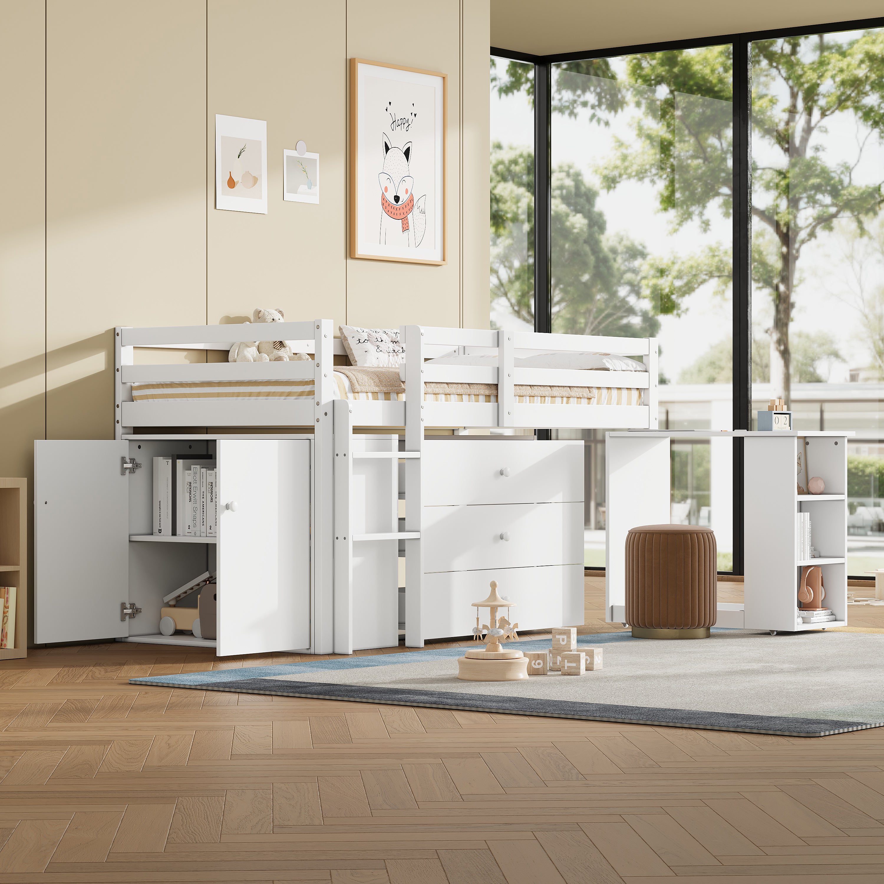 3ft Single Modern Wood Bed with Pull-out Desk, Wooden Children's Cabin Bed with 3 Drawers, Storage Cabinet & Shelves, Flexible Two-way Installation, Space-saving Loft Bed, White (No Mattress)