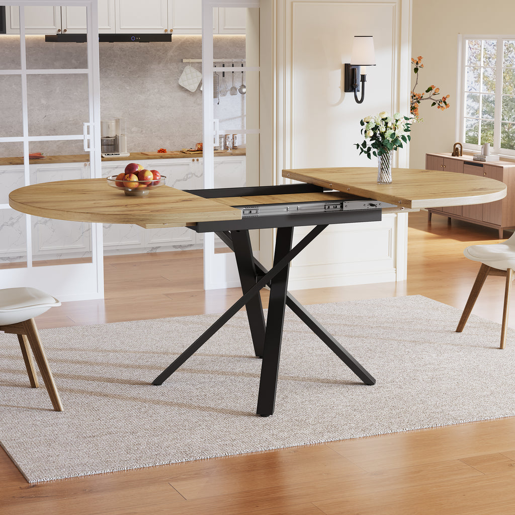 Extendable dining table 100-140cm, round-oval table, stable X-metal frame, adjustable feet, wood look