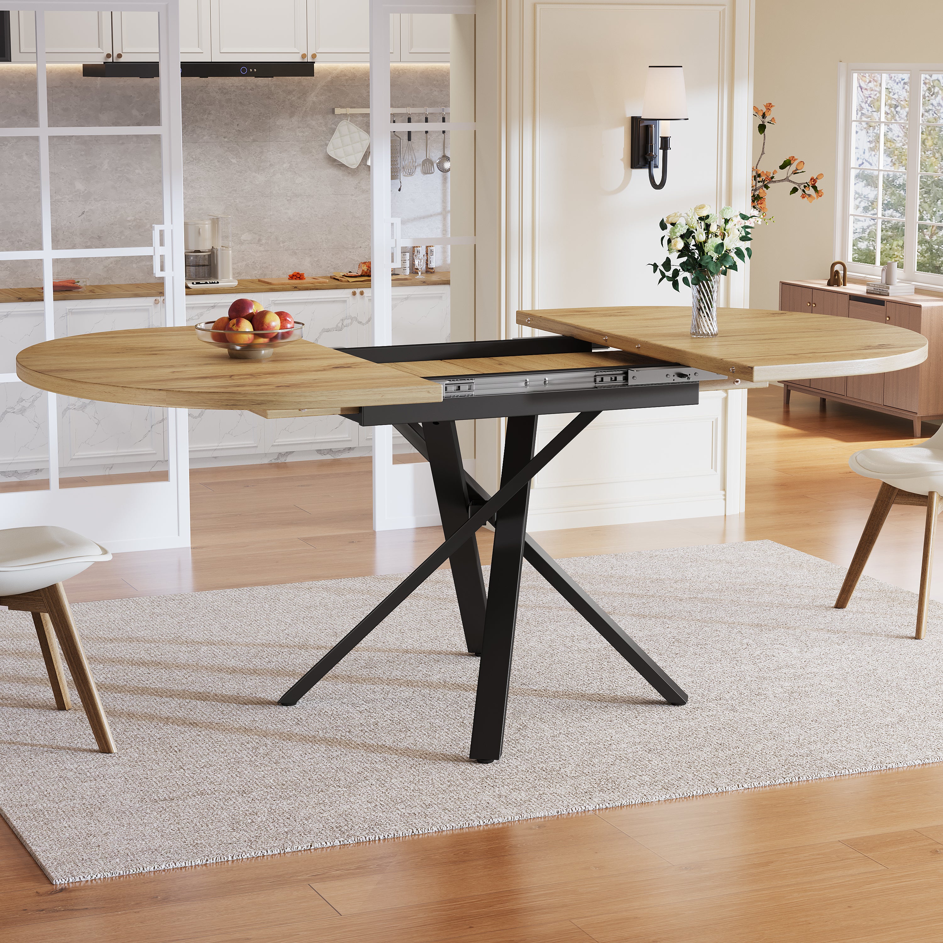 Extendable dining table 100-140cm, round-oval table, stable X-metal frame, adjustable feet, wood look
