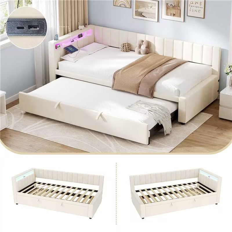 3ft Single Velvet Daybed, Sofa Bed with RGB LED Lights and Charging Station, Upholstered Sofa Bed with Trundle, Pull out Trundle Bed for Living Room, Bedroom or Study, Beige (No Mattress)