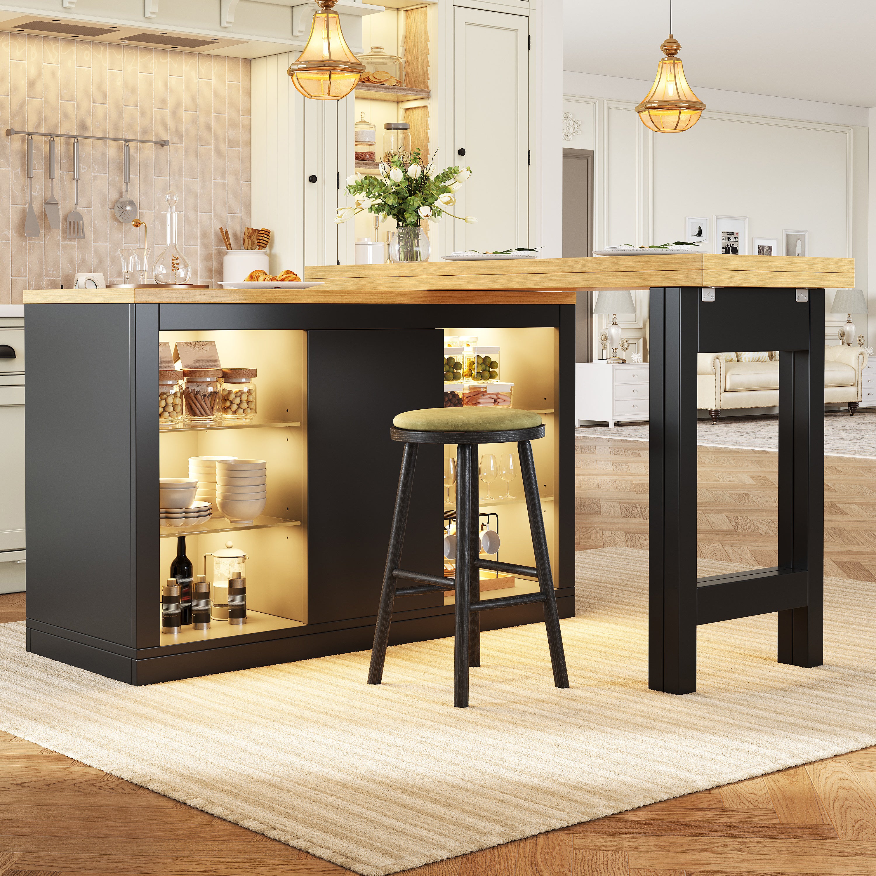 Extendable Sideboard with LED Lights, 120-197 cm Adjustable Dining Table with Storage, Kitchen cabinet with glass shelves & snack rack, White/Black