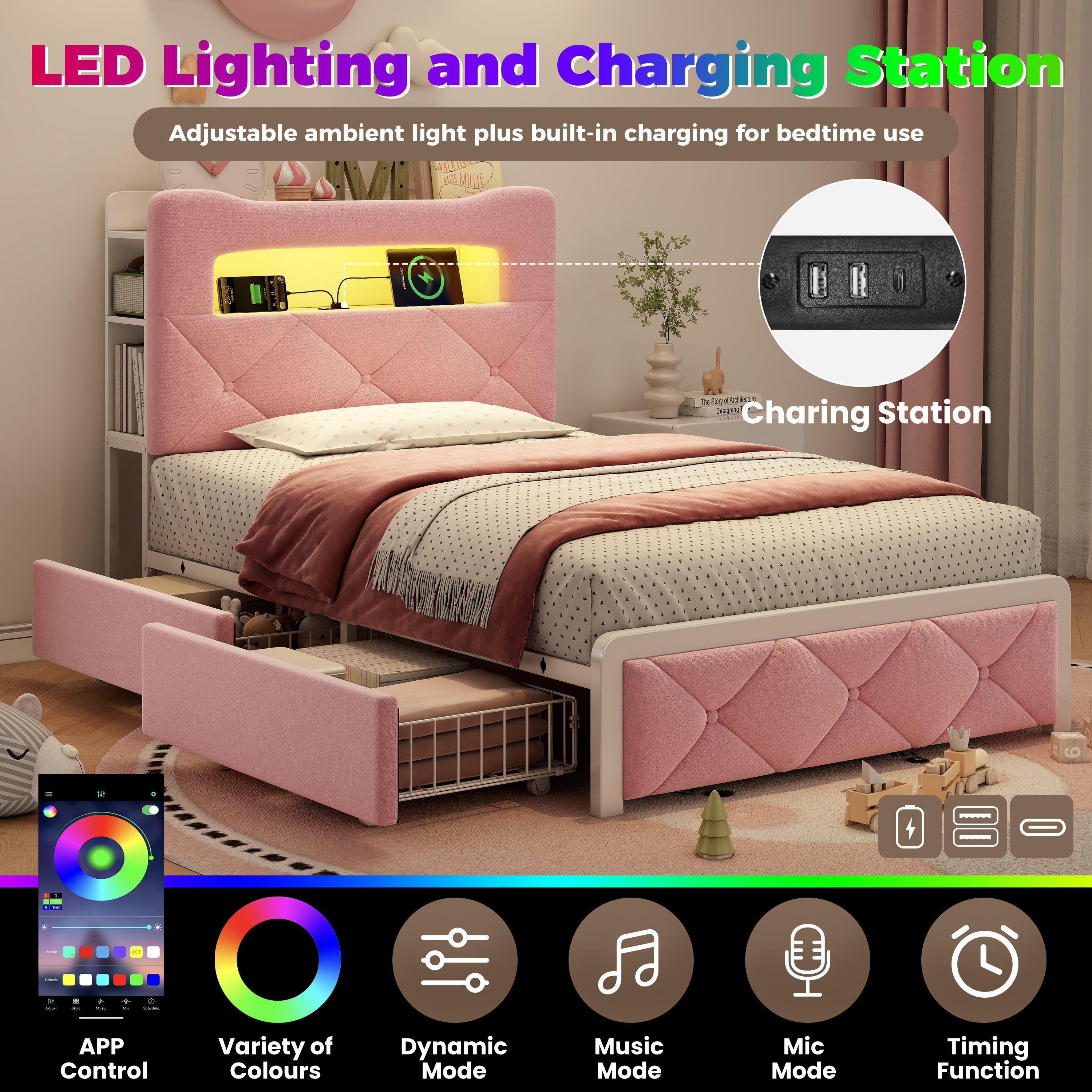 3ft Single Upholstered Bed with LED Button Tufted Bedside Storage Headboard, Velvet Bed Frame with 2 Storage Drawers, USB and Type - C Ports, No Box Spring Needed, Easy Assembly, Pink (No Mattress)