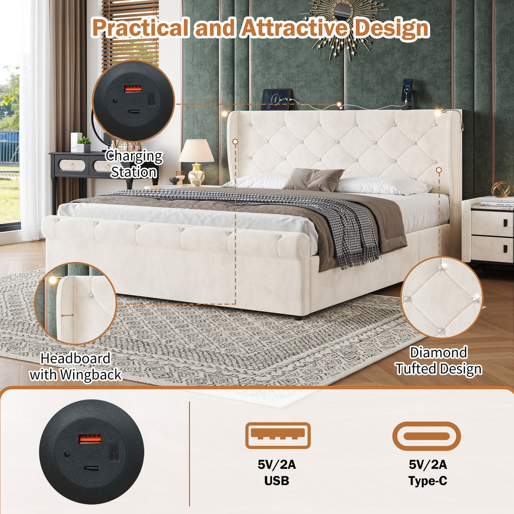 4ft6 Double Upholstered Bed Frame with Hydraulic Storage,  Diamond Tufted Headboard with Charging Station and Reading Light, USB and Type - C Ports, Velvet, Beige (No Mattress)