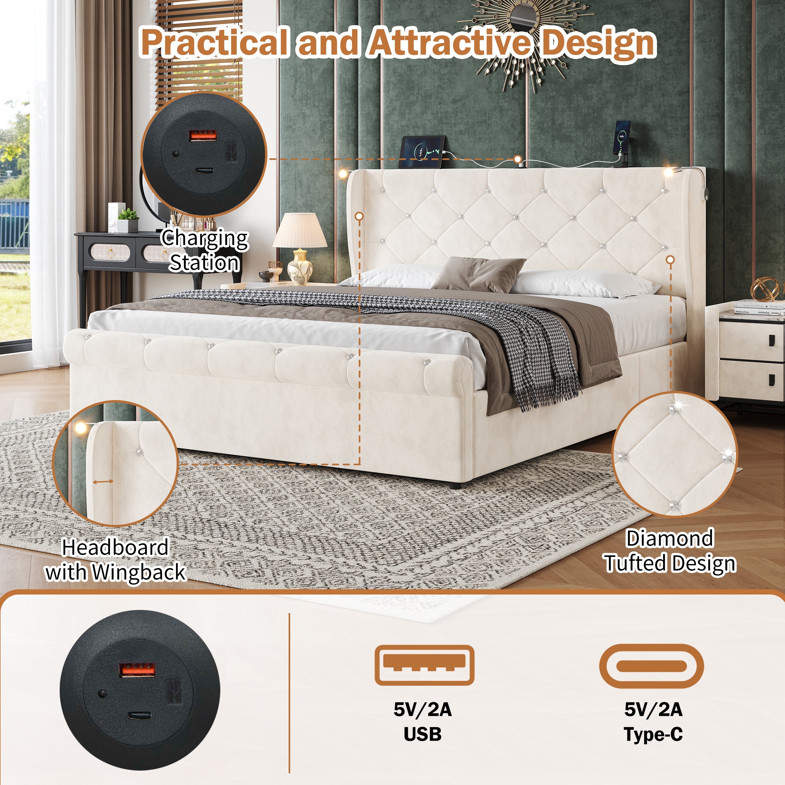 4ft6 Double Upholstered Bed Frame with Hydraulic Storage,  Diamond Tufted Headboard with Charging Station and Reading Light, USB and Type - C Ports, Velvet, Beige (No Mattress)