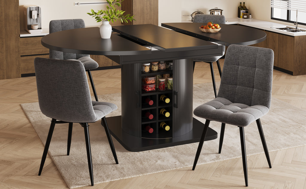 Extendable dining table with storage, multifunctional folding table with wine rack, space-saving kitchen table for small rooms and dining rooms, MDF tabletop, black