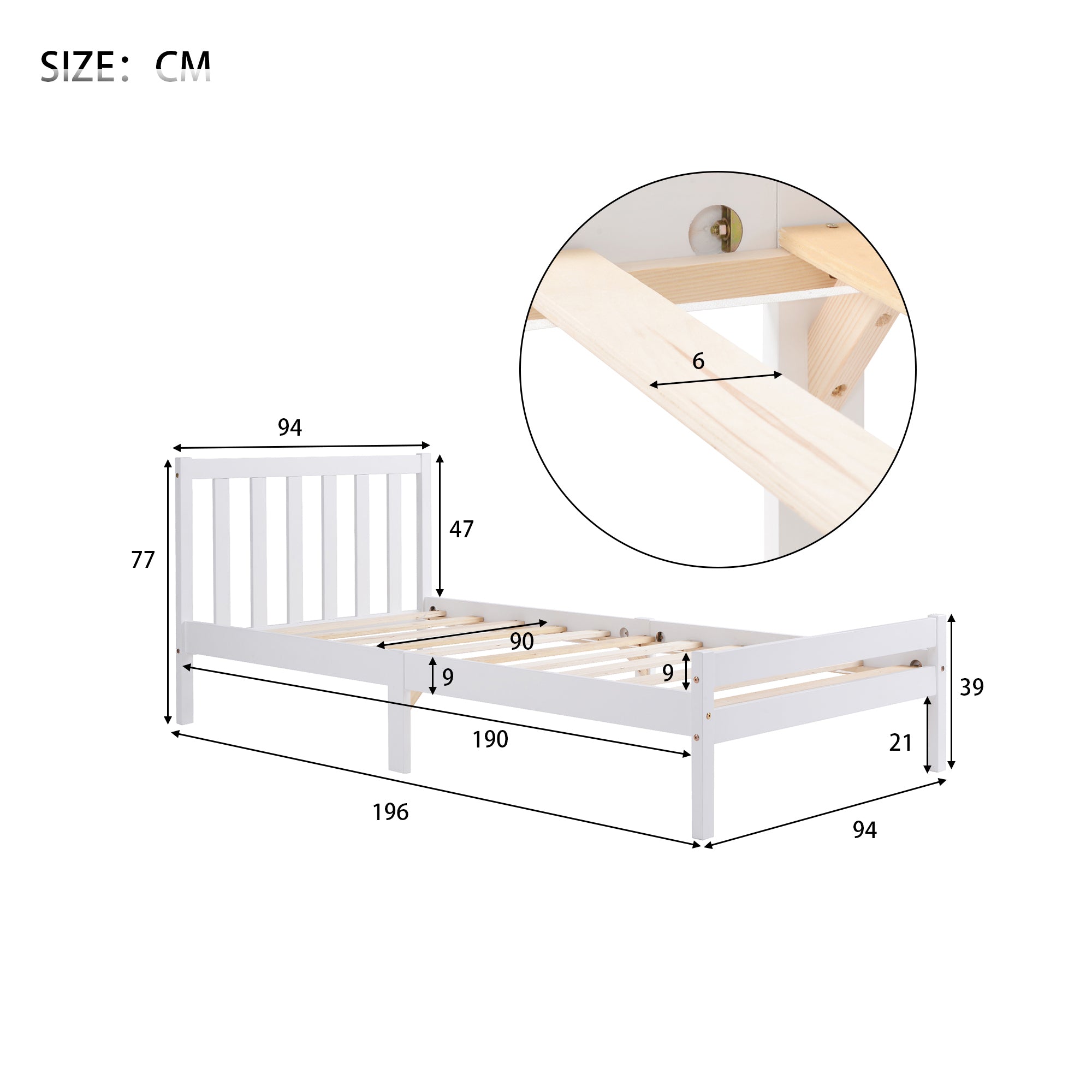 Wooden Bed Frame, Single Bed 3ft Solid Wooden Bed Frame, Bedroom Furniture for Adults, Kids, Teenagers, 90 x 190 cm (White)