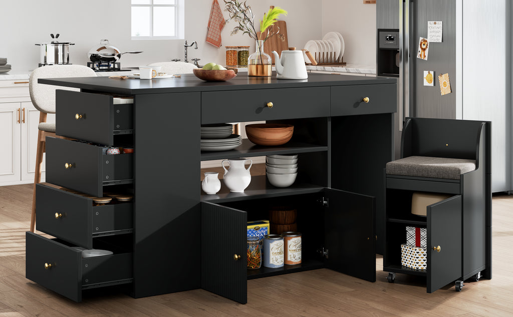 Adjustable Kitchen Island with Bar Stools - Sideboard & Cabinet with 6 Drawers, Width 140-70cm, White/Black