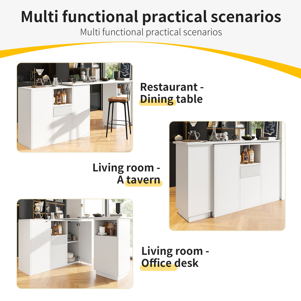 360° swivelling bar table (main body 198.5 x 30 x 75 cm), modern and sleek design, with open storage space and marble worktop, suitable for kitchen, living room and dining room, white