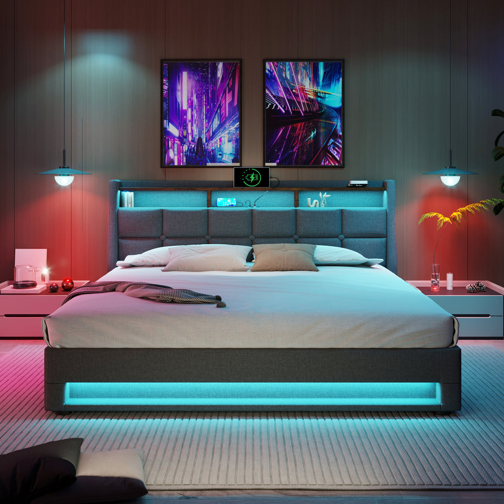 Upholstered Bed 180 x 200 cm with LED Lighting, USB Type-C Charging Function, Storage Headboard, 6FT Super King Size Storage Bed Frame with Metal Slatted Frame, Linen, Grey (No Mattress)