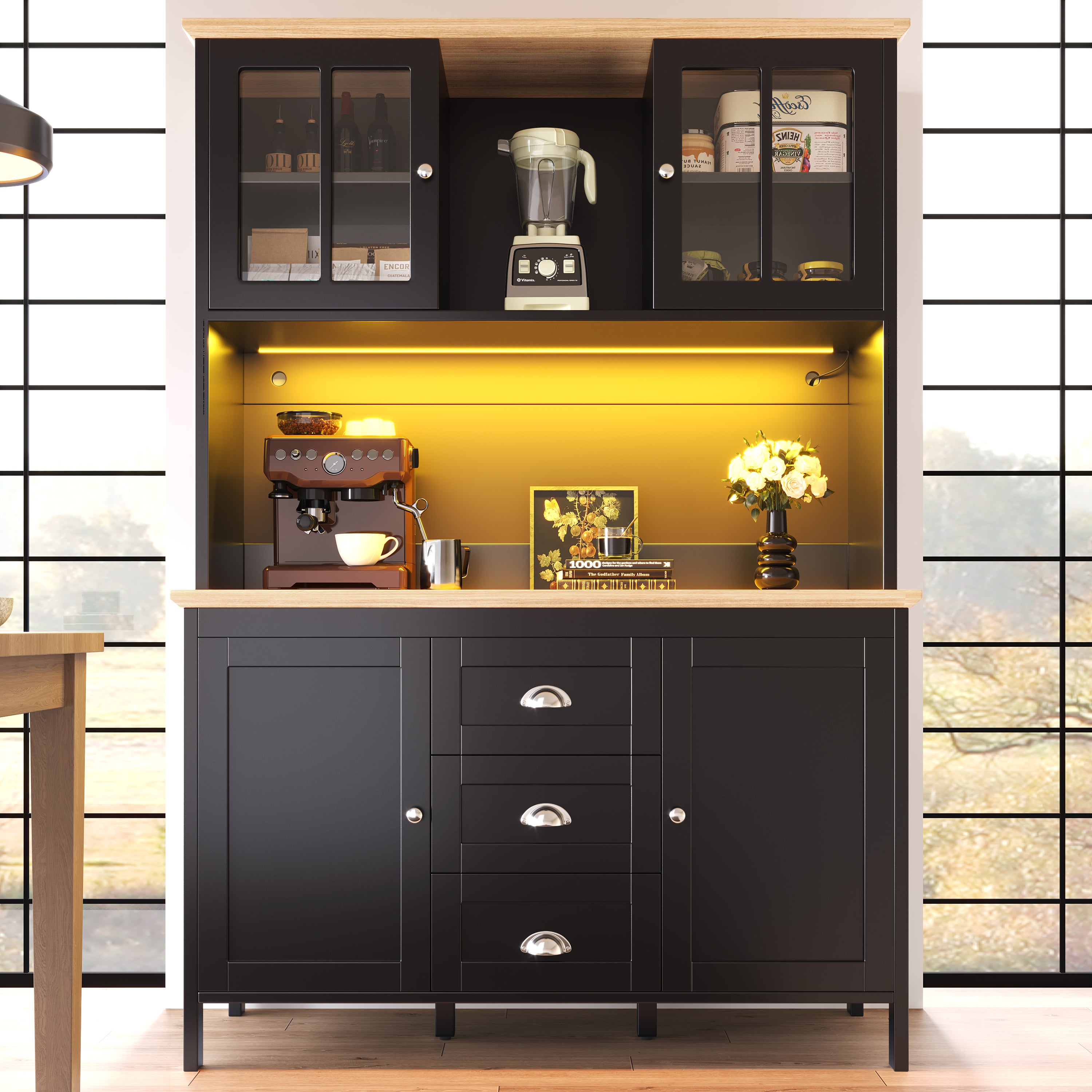 Sideboard, Storage Cabinet, Kitchen Cabinet, Tall Sideboard with LED Lighting, 120x40x179 cm, 4 Doors & 3 Drawers, White/Black
