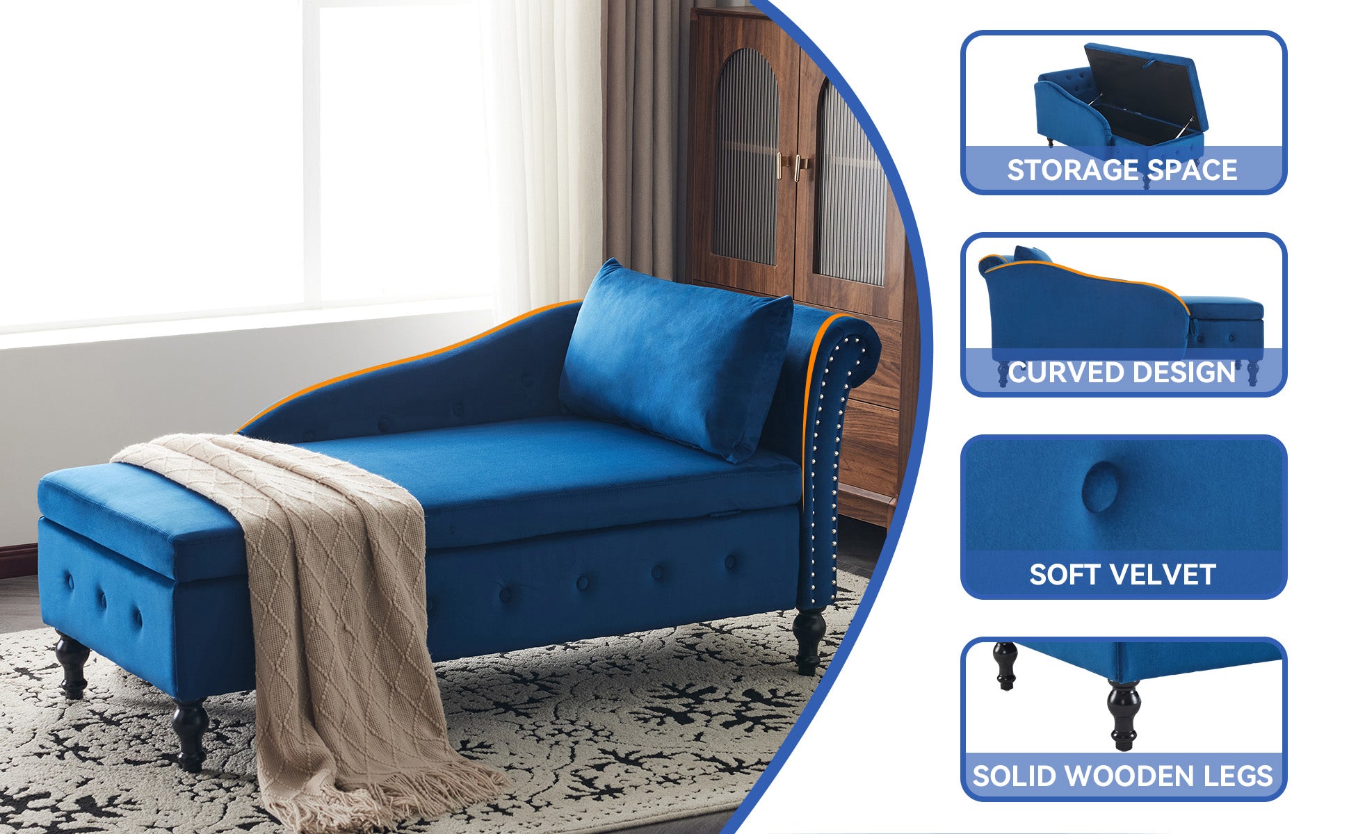 Velvet Chaise Lounge Sofa with Storage, Upholstered Chaise lounge Couch with Pillow for Living Room, Modern Nailhead-Trim & Button-tufted Lounge Chair, Bedroom and Office, Right Armrest