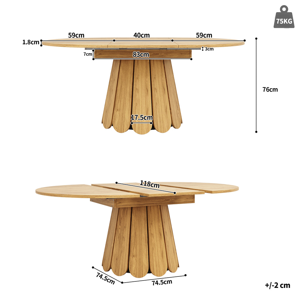 Extendable dining table, dining room table, kitchen table, balcony table, wooden dining table Round dining table, extends to oval, 118–158 cm, seats up to 6 people, natural color