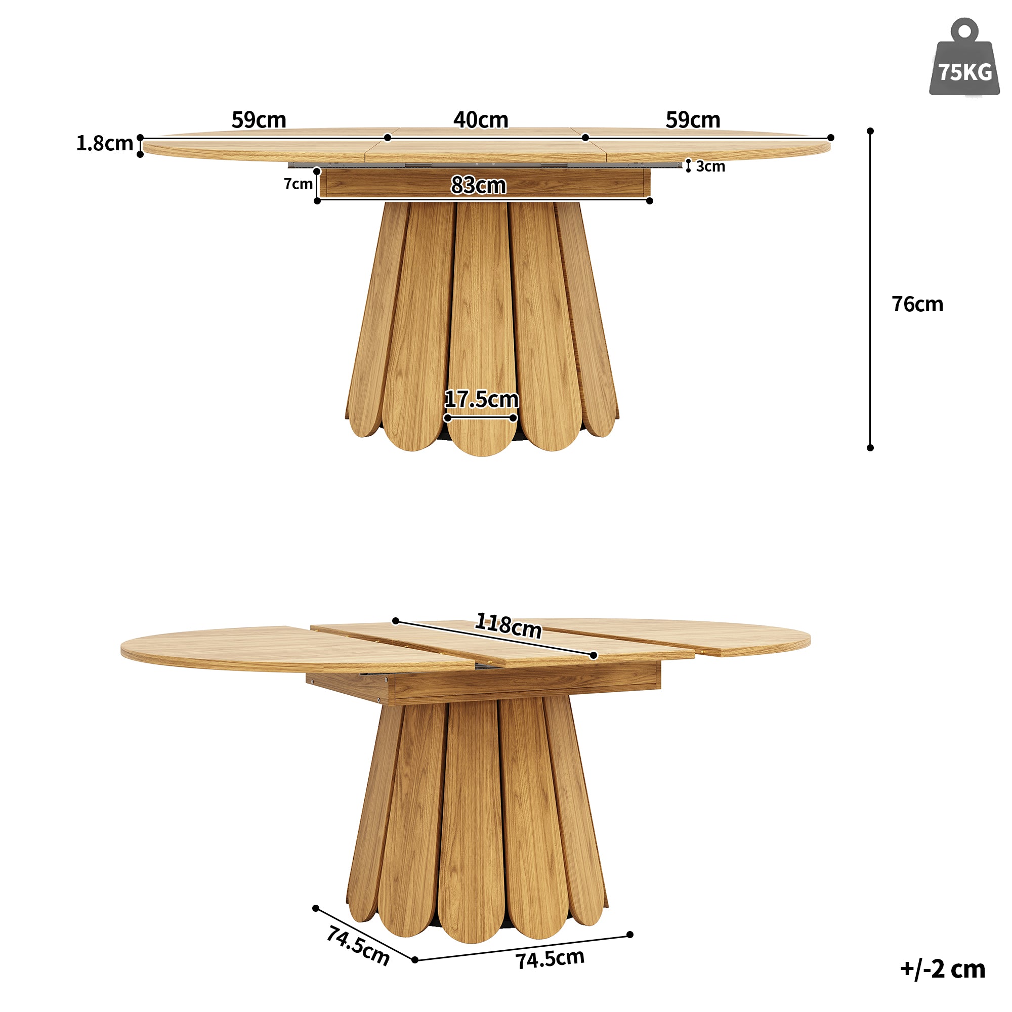 Extendable dining table, dining room table, kitchen table, balcony table, wooden dining table Round dining table, extends to oval, 118–158 cm, seats up to 6 people, natural color