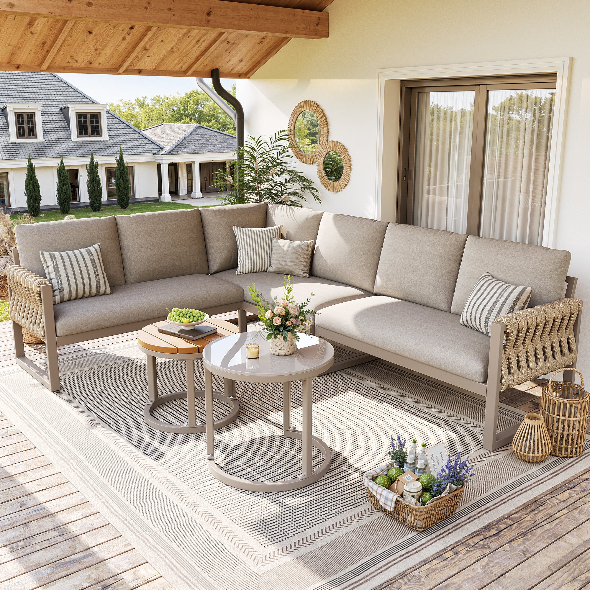 Garden furniture set with adjustable legs, water-repellent and removable cushions, modular garden lounge set for 5-6 people, suitable for balconies, gardens, and patios, beige