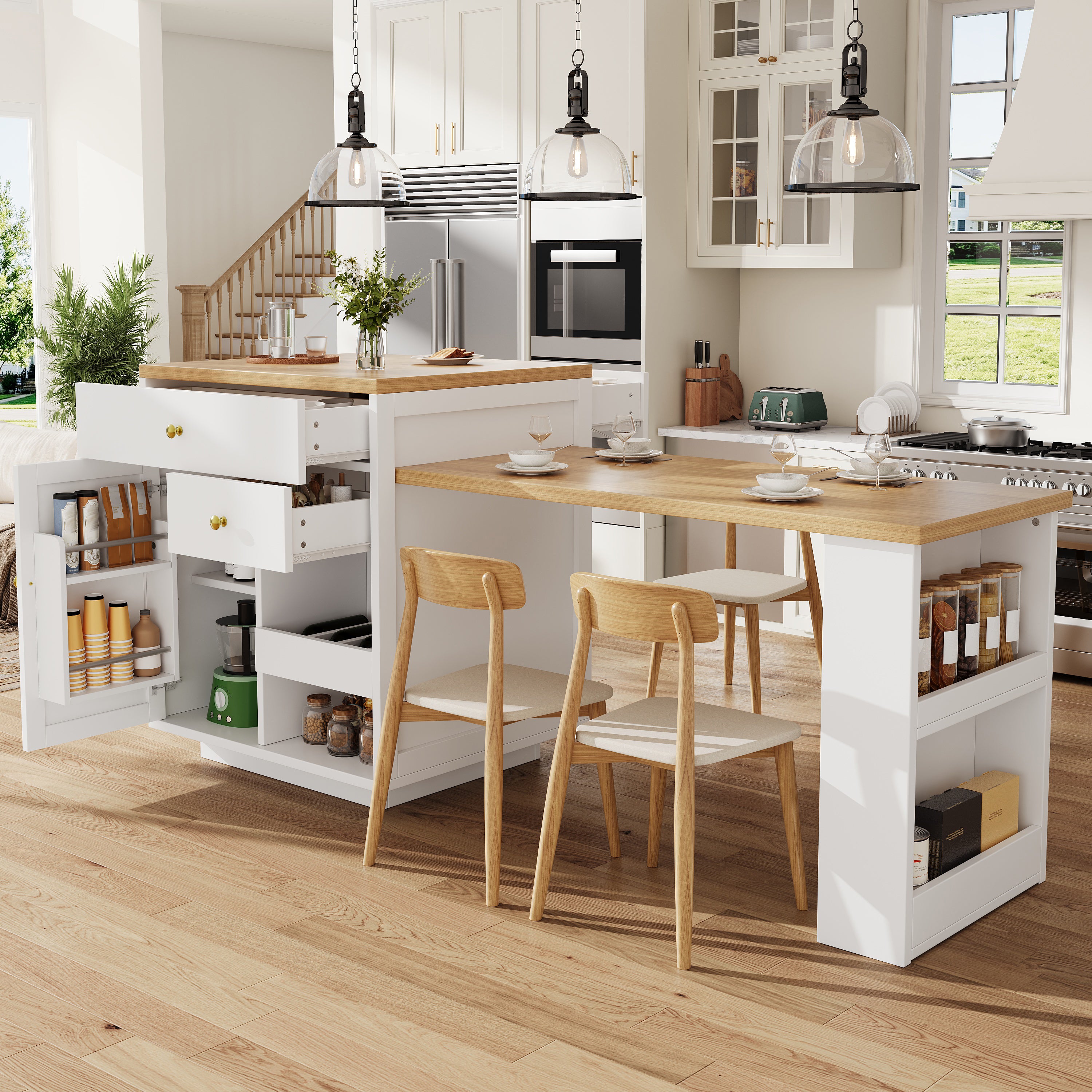 Extendable bar table with storage (122.5-195.5×70×93.8cm), with three drawers and wine rack, kitchen island with extendable table, for 2-6 people, kitchen dining cart with side shelves, white