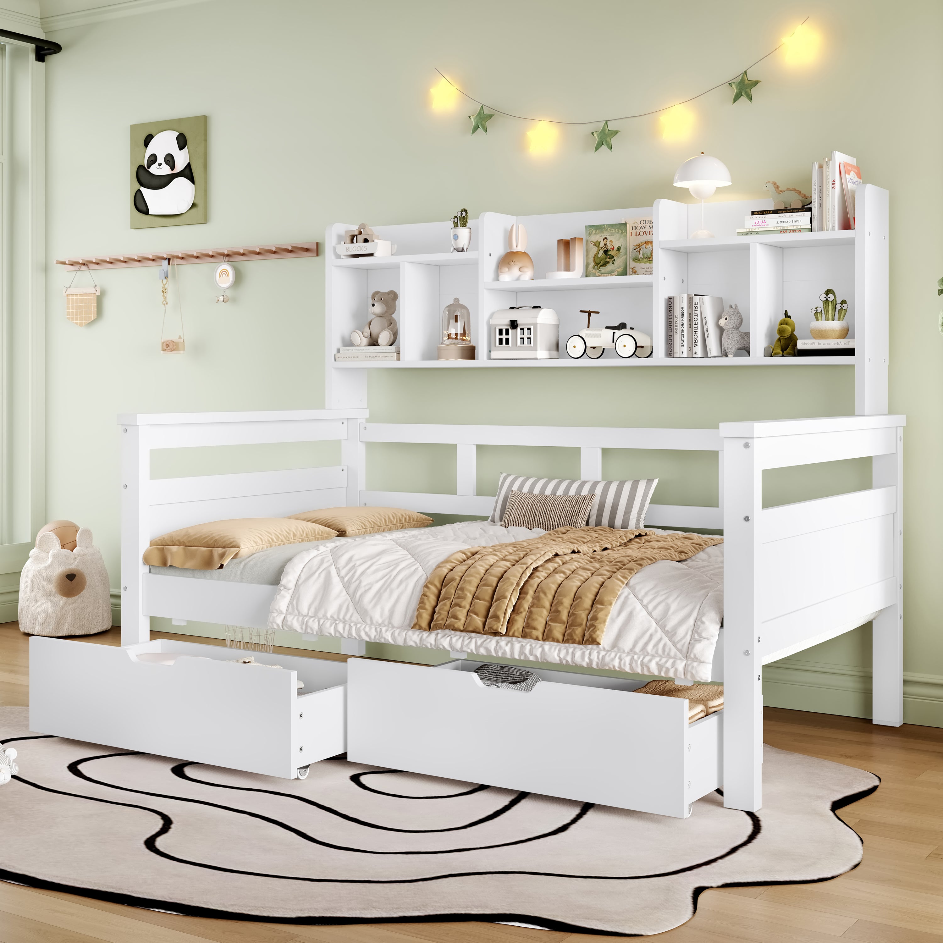 3ft Single Beds for Kids with Two Storage Drawers and Bookcase headboard, Wooden Bed Frame with Storage and Guardrail, Space-Saving Design for Bedroom, Dorm and Study Room, White (No Mattress)