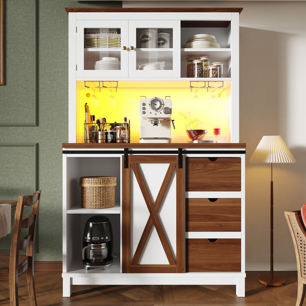 Modern tall cabinet with LED lighting & app control, kitchen cabinet or dining room cabinet with drawer, sideboard with sliding door and three drawers,White