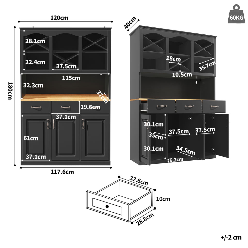 Kitchen cabinet (120 × 40 × 180 cm), tall kitchen buffet, multi-purpose buffet, snack cabinet, storage furniture with three doors, three drawers and LED lighting, black