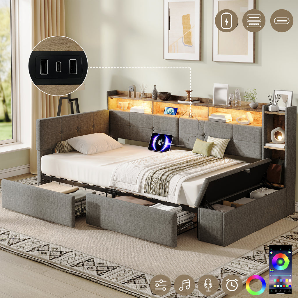 3ft Single LED Daybed with Storage Drawers and Bed End Ottoman Storage, Modern Linen Sofa Bed with Charging Station for Living Room/ Bedroom/ Study Room, 90X190cm, Grey (No Mattress)
