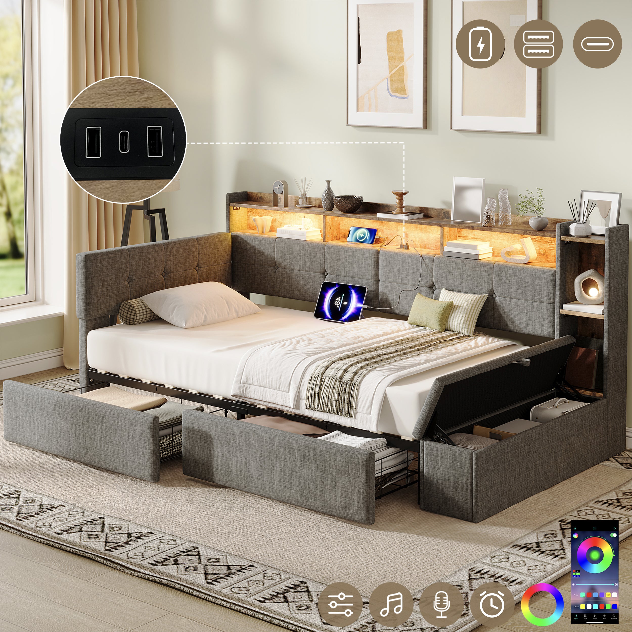 3ft Single LED Daybed with Storage Drawers and Bed End Ottoman Storage, Modern Linen Sofa Bed with Charging Station for Living Room/ Bedroom/ Study Room, 90X190cm, Grey (No Mattress)