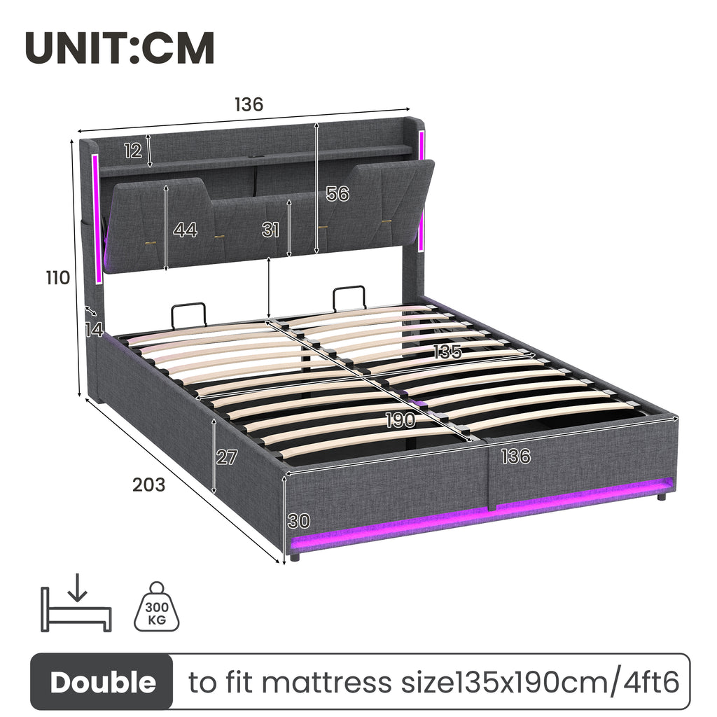 4ft6 Double Upholstered Bed Frame with Hydraulic Storage,  LED X-Shape Headboard with Charging Station and Flip-top Headboard Storage, USB and Type - C Ports, Linen, Grey (No Mattress)
