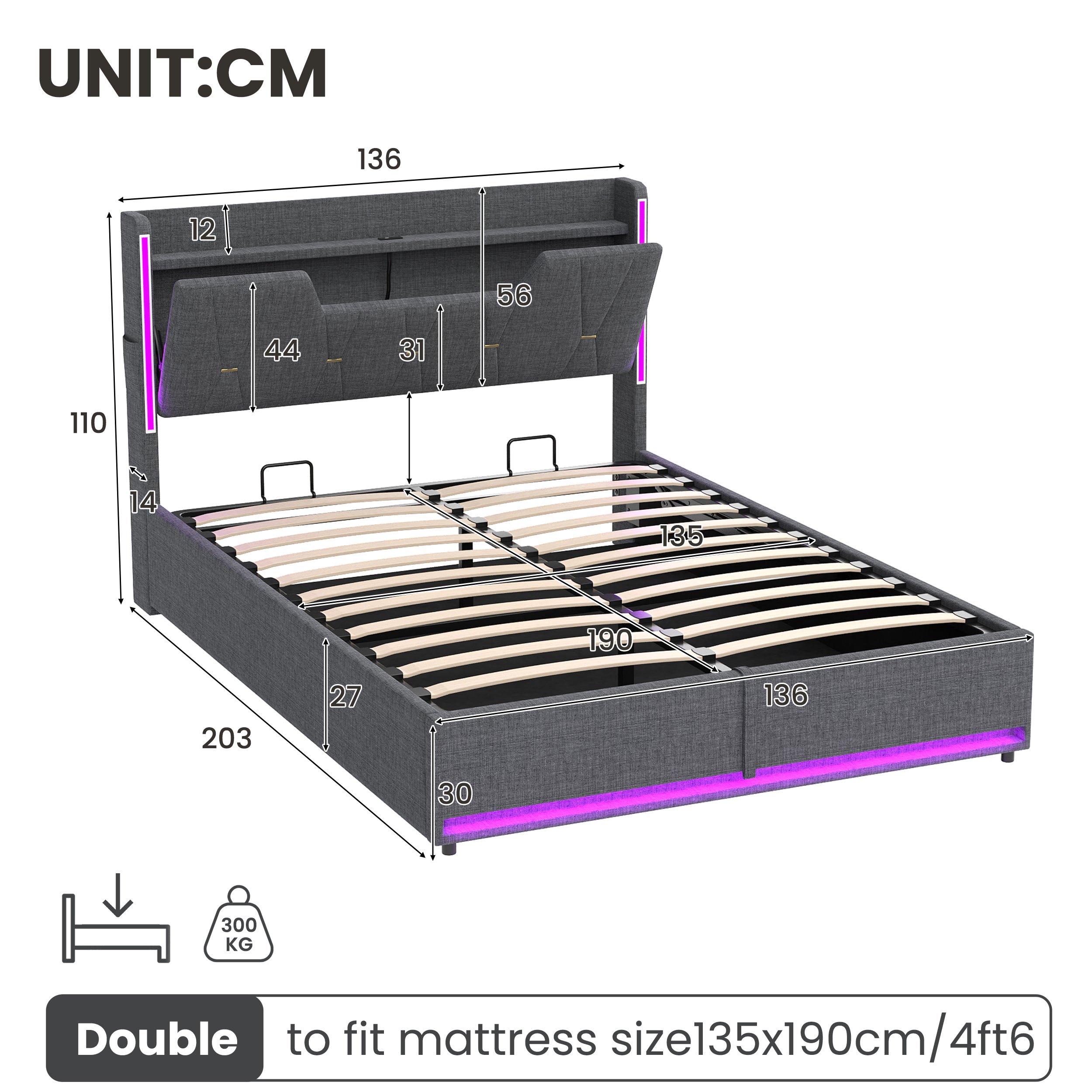 4ft6 Double Upholstered Bed Frame with Hydraulic Storage,  LED X-Shape Headboard with Charging Station and Flip-top Headboard Storage, USB and Type - C Ports, Linen, Grey (No Mattress)