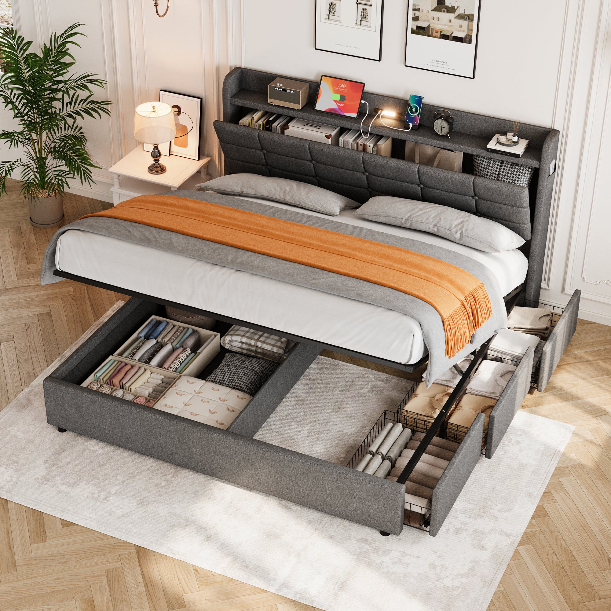 5ft King Bed Frame with Hydraulic Storage, Linen Upholstered  Bed with Concealed Headboard Storage and Drawers, Button Tufted Headboard with Charging Station and LED Night Light, Grey (No Mattress)
