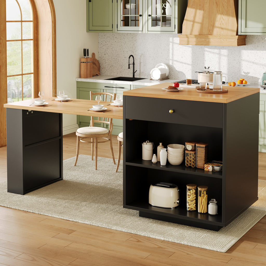 Extendable bar table with storage (122.5-195.5×70×93.5cm), with four drawers and curved glass door, kitchen island with extendable table, LED color light, for 2-6 people, kitchen dining cart with side