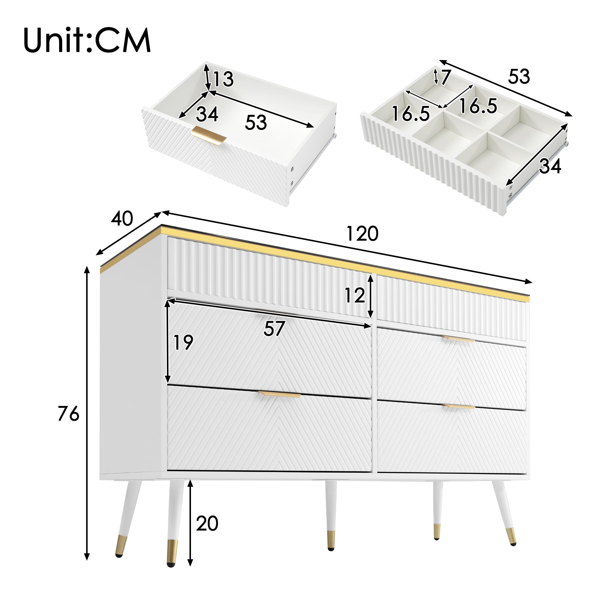 Sideboard Cabinet Dresser with 6 Drawers,Amber glass chest of drawers, Compartmentalised storage,Anti-tip,Dressing table for Living Room, Hallway, Bedroom, and Children's Room, 120 x 40 x 76 cm, White