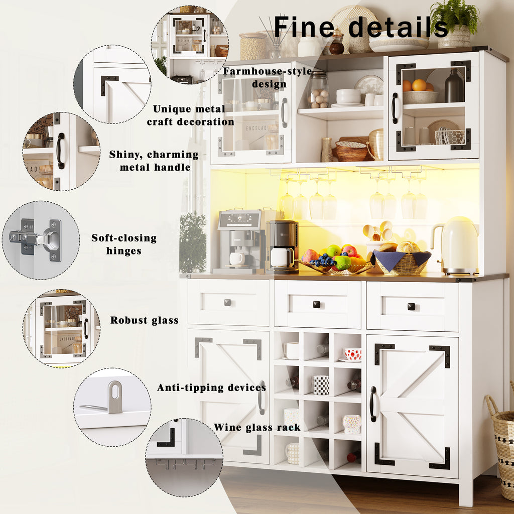 Tall Kitchen Cabinet with 4 Doors & 3 Drawers, USB Ports & Power Outlets, LED Light Strip, Modern Storage Sideboard, Side Cabinet for Kitchen & Living Room, 120 x 40 x 170 cm, White