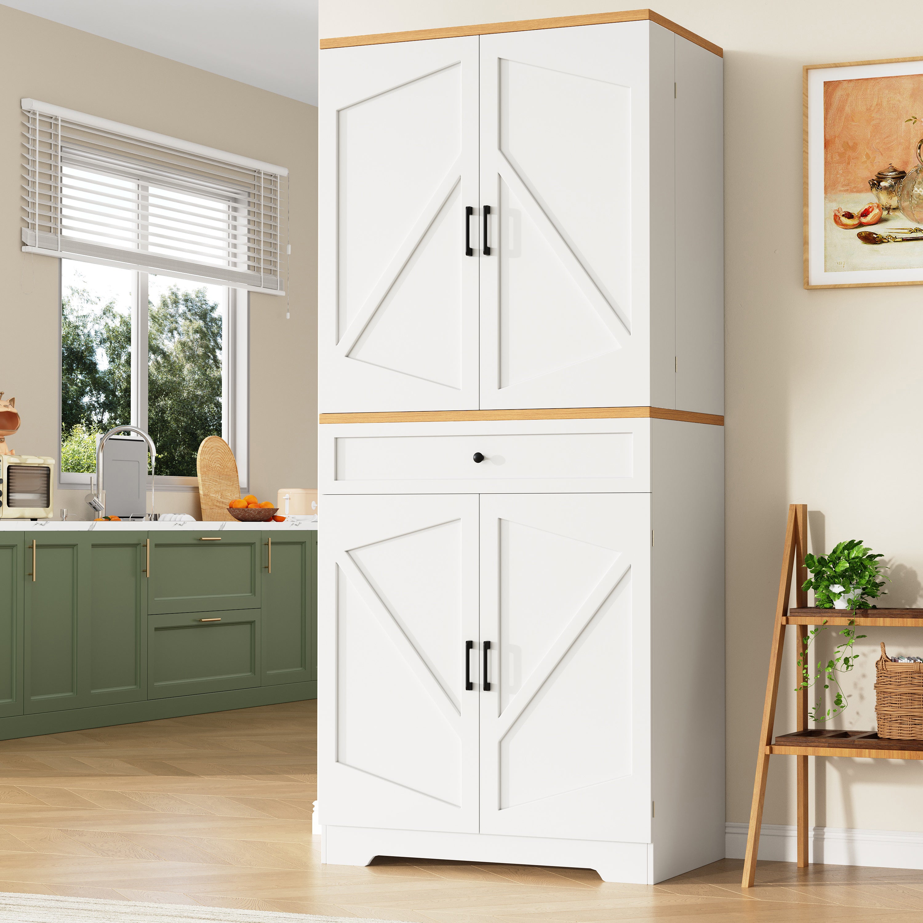 Snack cabinet, kitchen cabinet (80 x 40 x 180 cm), tall kitchen sideboard, storage sideboard, kitchen sideboard with door frame, white, suitable for living room, kitchen, dining room