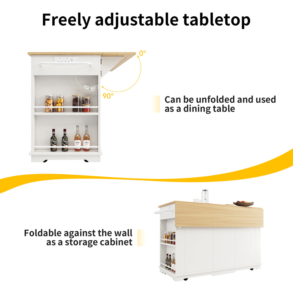 Kitchen island, kitchen trolley equipped with power strip, kitchen cabinet, serving trolley with worktop, buffet cabinet, dining trolley with wood grain, white