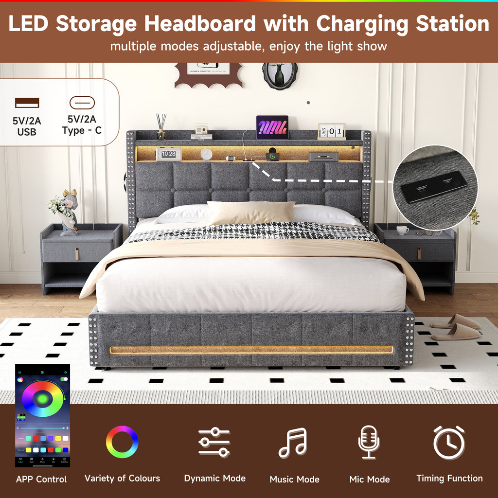 5ft King Upholstered Bed with Hydraulic Storage, LED Rivet  Storage Bed with Charging Station, Button Tufted Headboard with USB and Type - C Ports, No Box Spring Needed, Linen,  Grey (No Mattress)