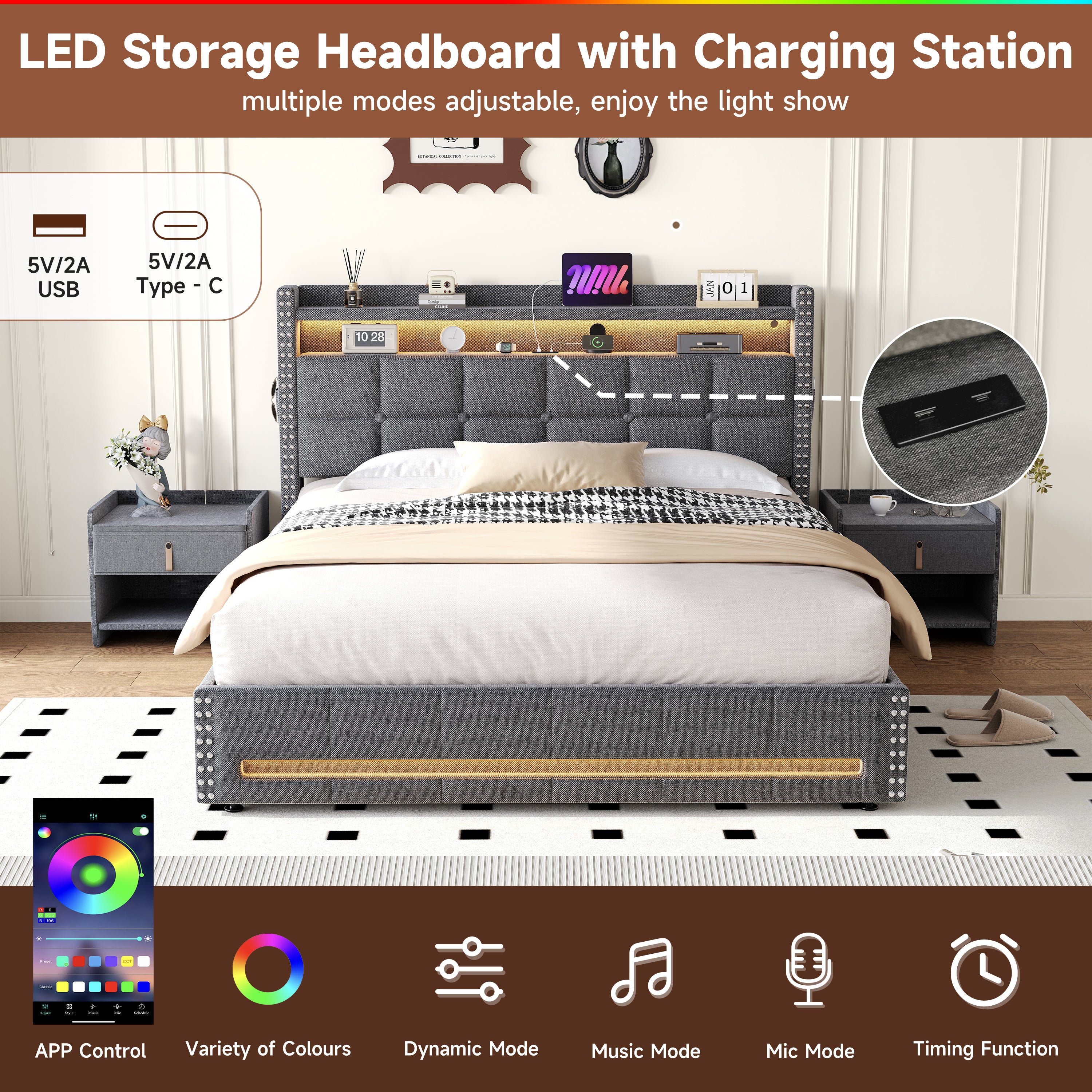 4ft6 Double Upholstered Bed with Hydraulic Storage, LED Rivet  Storage Bed with Charging Station, Button Tufted Headboard with USB and Type - C Ports, No Box Spring Needed, Linen,  Grey (No Mattress)