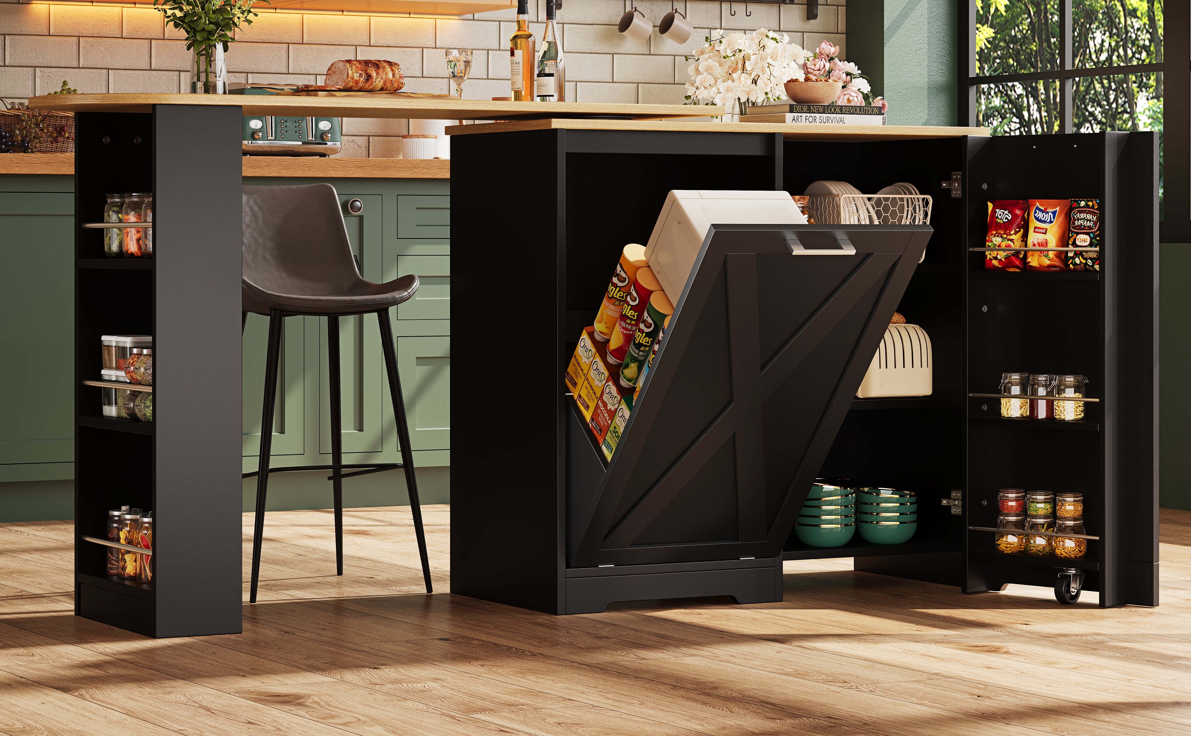360° Rotating Kitchen Island, Modern Minimalist, Multifunctional Storage Cabinet, Ideal for Bedroom Living Room Dining Room, Swivel Sideboard with Side Shelves, Black Finish, Folding Door Design