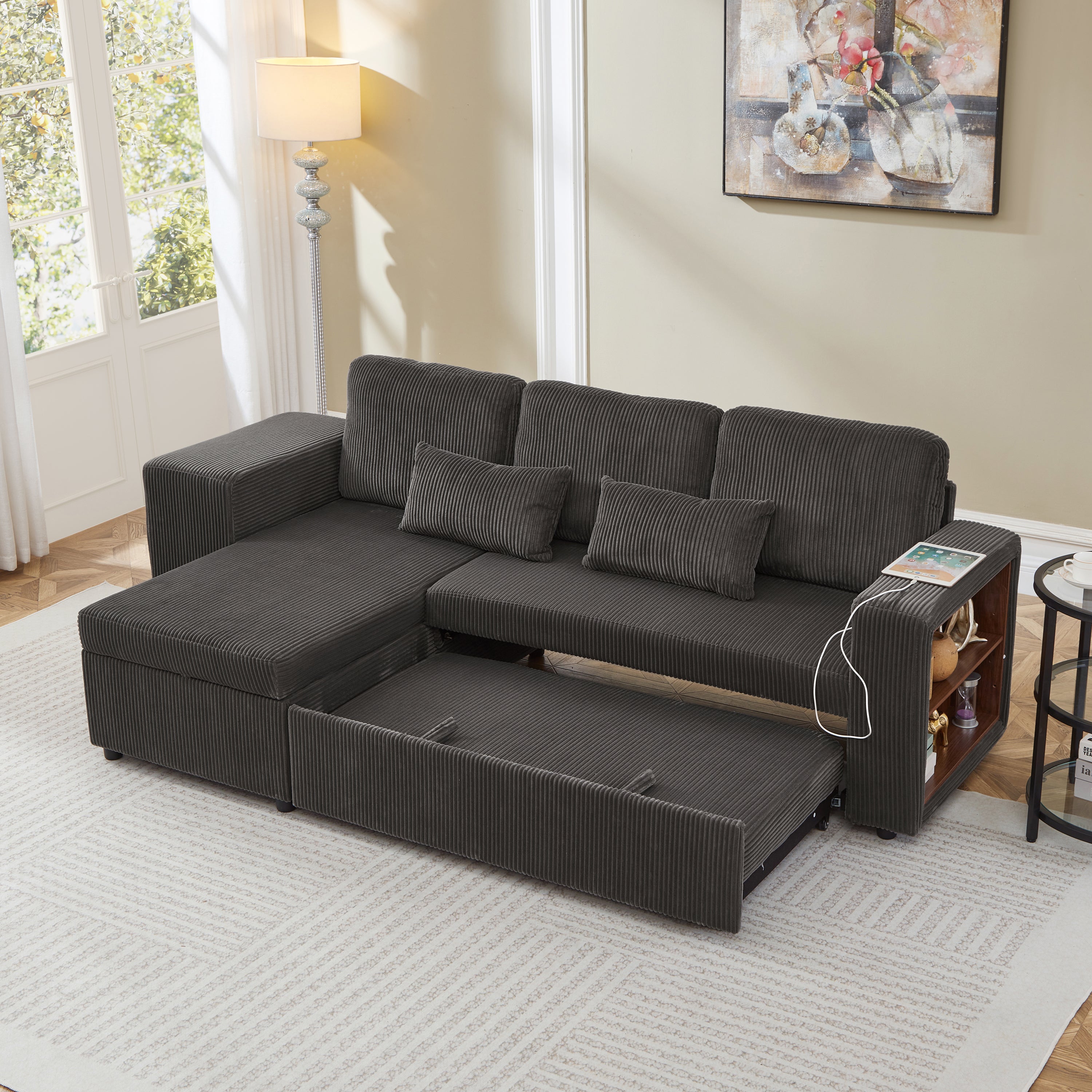 Modern L-Shaped Convertible Sofa Bed, 3-in-1 Convertible Sofa Bed with Internal Storage Chaise, Nesting Footstools, Integrated Charging Station & Adjustable Armrest Side Storage, Corduroy Fabric, Grey