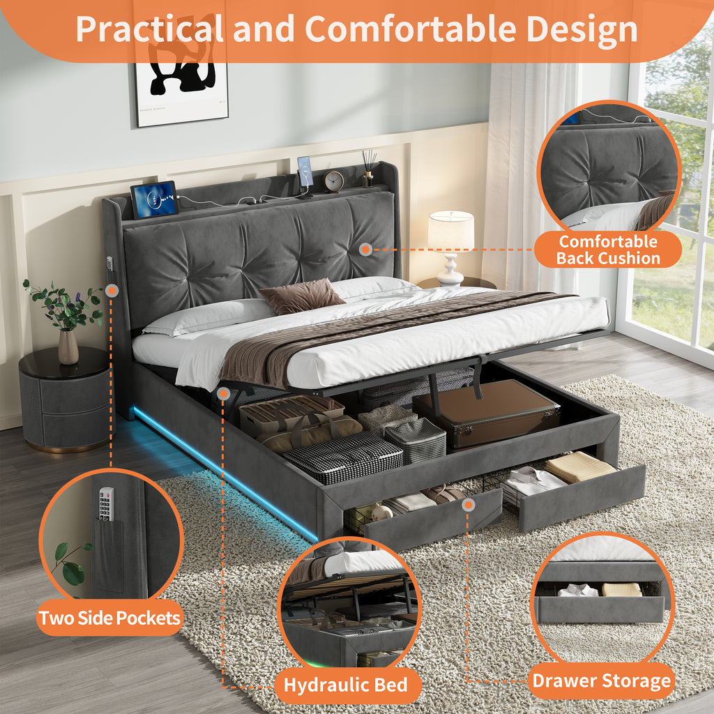 4ft6 Double Upholstered Bed Frame with Hydraulic and Drawers Storage, Back Cushion Headboard with Charging Station,  Velvet Ottoman Hydraulic Bed with RGB LED Lighting, Grey (No Mattress)