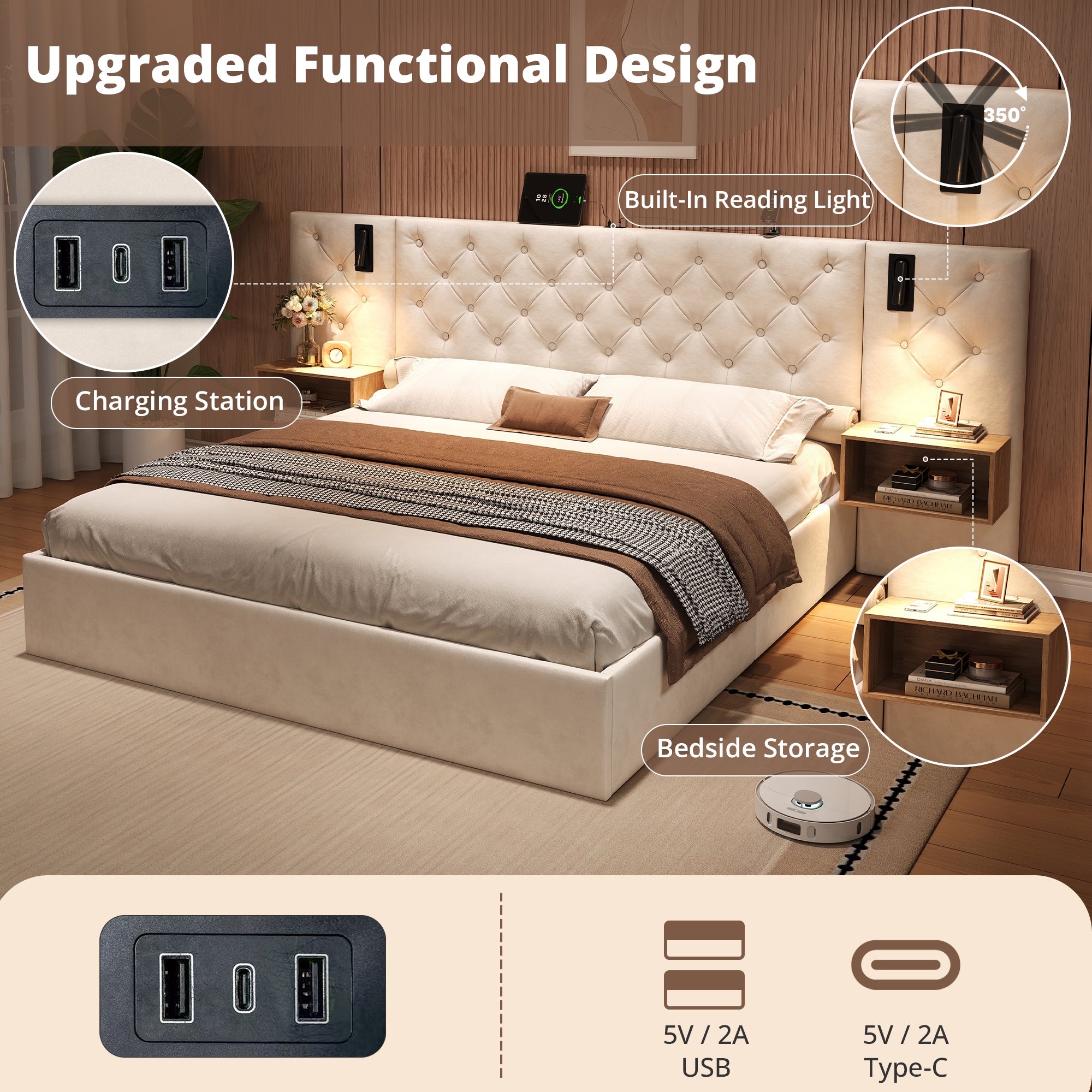 King Upholstered Bed with Charging Station, Velvet Hydraulic Storage Bed with Reading Light, 5ft King Bed Frame with Handmade Button Tufted Wide Headboard and Bedside Storage, Beige (No Mattress)