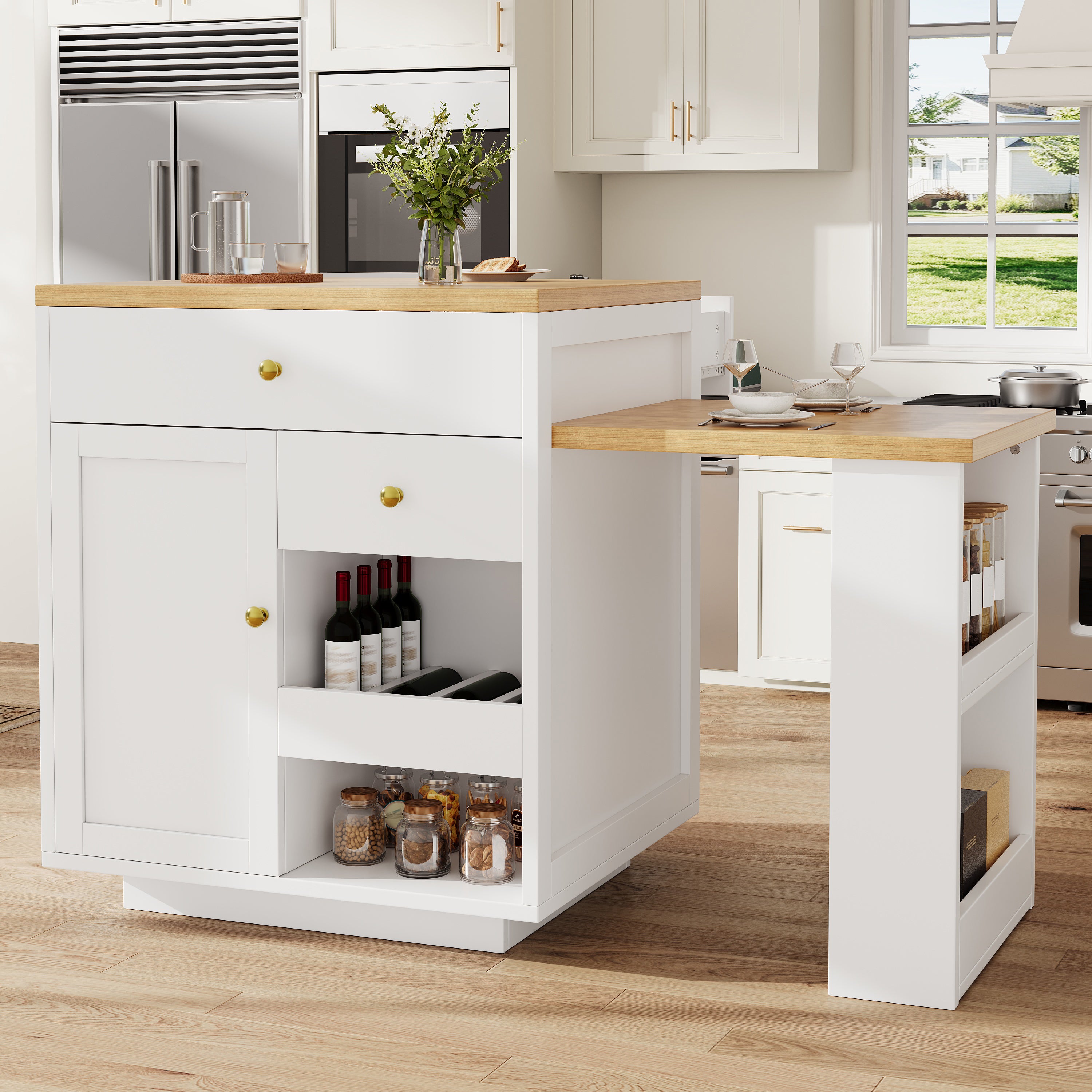 Extendable bar table with storage (122.5-195.5×70×93.8cm), with three drawers and wine rack, kitchen island with extendable table, for 2-6 people, kitchen dining cart with side shelves, white