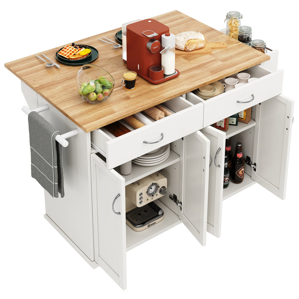 Rolling Kitchen Island Storage Trolley with Large Cabinet, 2 Drawers, Adjustable Shelf, Spice&Towel Rack, Sideboard Cupboard Cabinet Cart, Dining Room Organiser , White