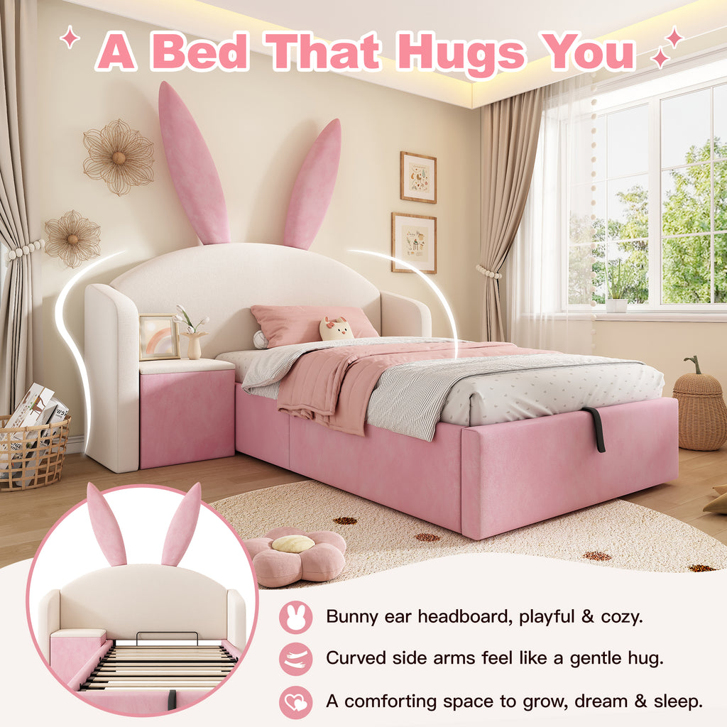 Bunny Ears Kids Bed, Single Upholstered Bed with Hydraulic Storage & Nightstand, Children Bed Frame for Girls Bedroom, 90 x 190 cm, Beige & Pink, No Mattress