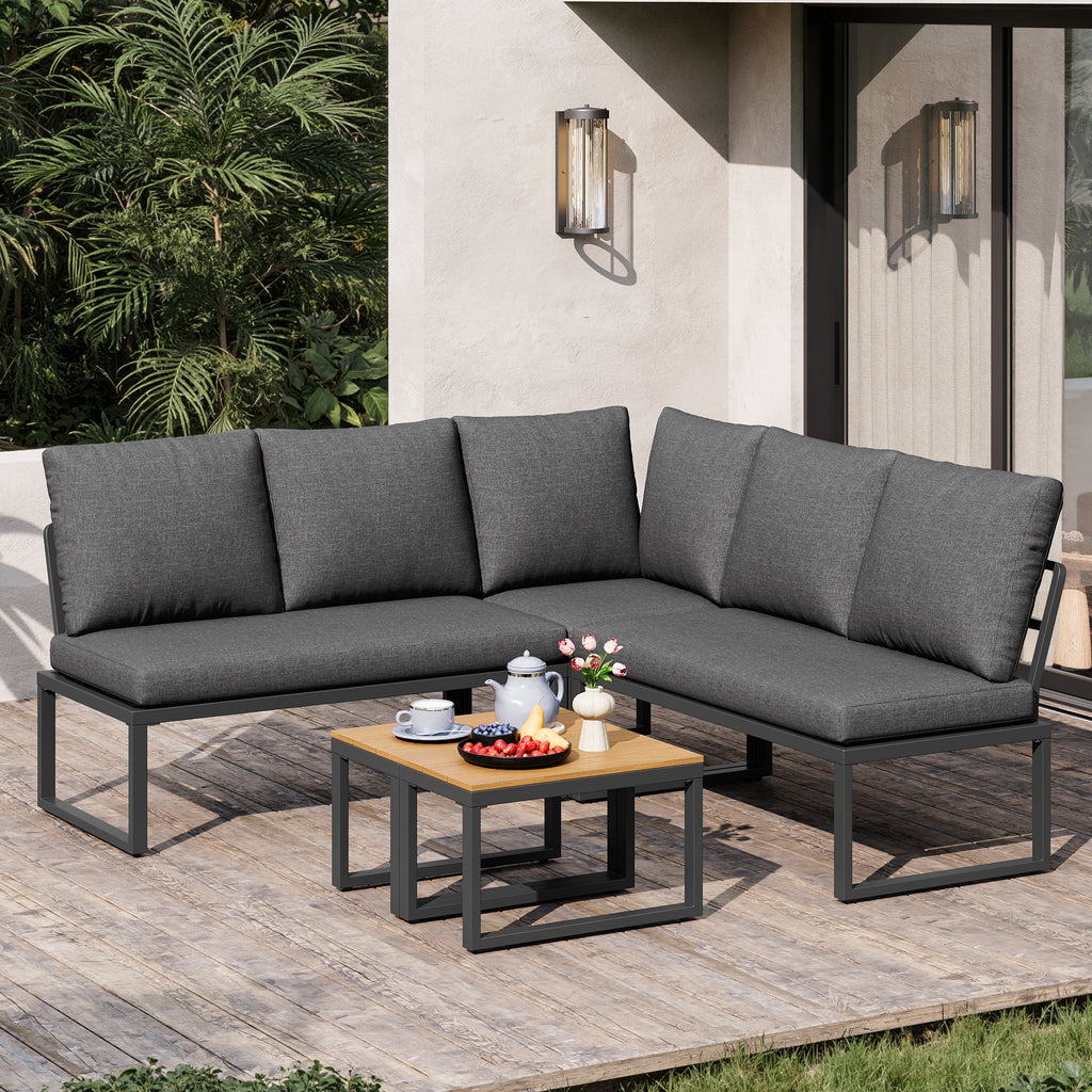 4-5 Seater Garden Outdoor Set with Flexibly Convertible Plastic Wood Tables, Adjustable Corner Sofa and Lounge Chair, Weather-Resistant Patio Furniture for Garden, Balcony and Terrace, Linen, Grey