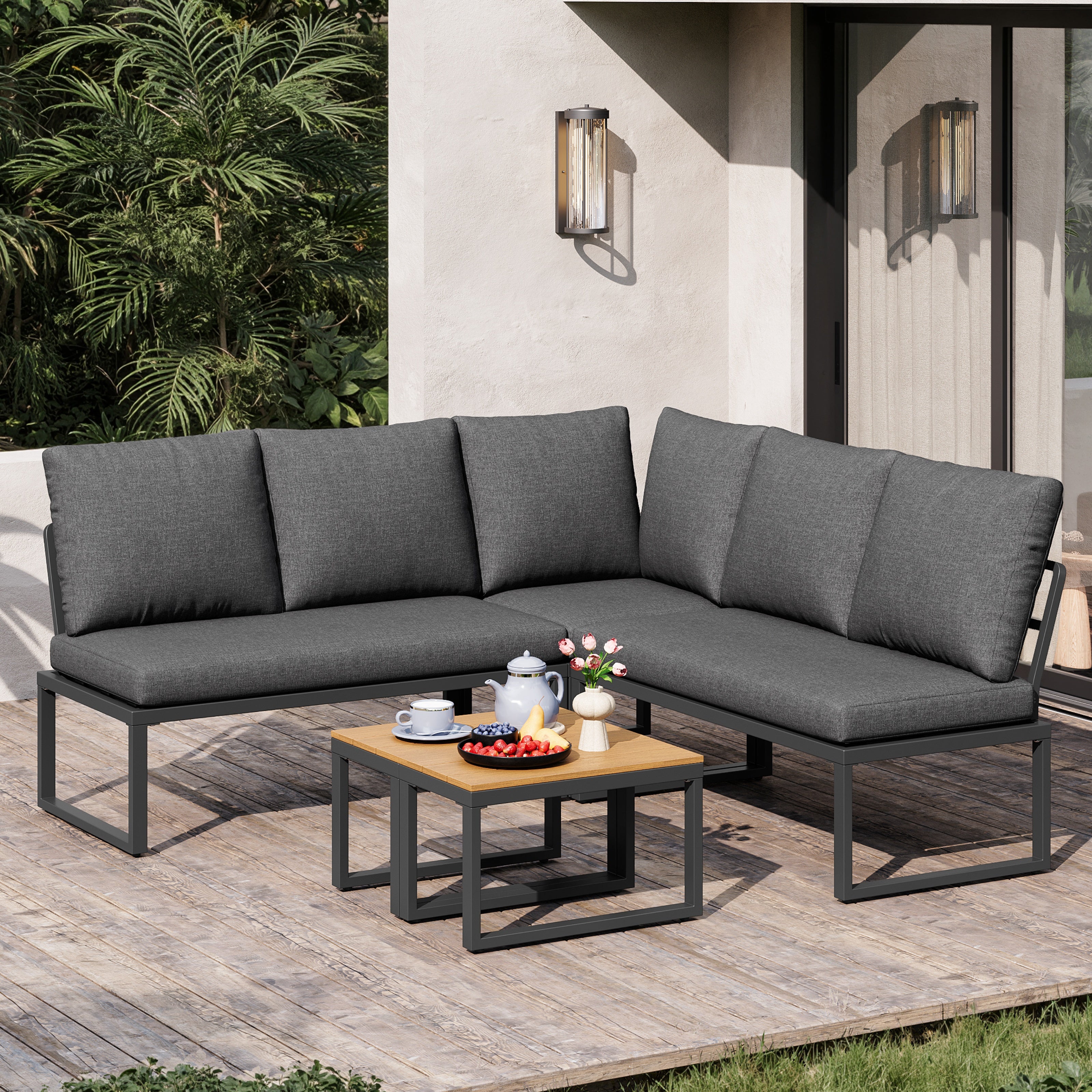 4-5 Seater Garden Outdoor Set with Flexibly Convertible Plastic Wood Tables, Adjustable Corner Sofa and Lounge Chair, Weather-Resistant Patio Furniture for Garden, Balcony and Terrace, Linen, Grey