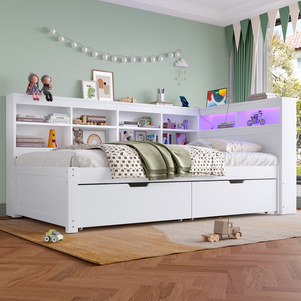 3ft Single Daybed with Two Storage Drawers and Beside Storage, LED Modern Bed frame with Charging Station, Wood Bed for Living Room/ Bedroom/ Study Room, 90X190cm, Easy Assembly, White (No Mattress)