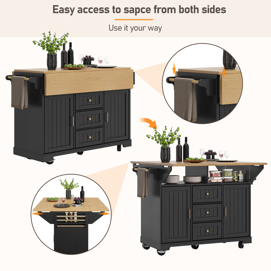 Kitchen island, cabinet, sideboard 120 x 40 (80) x 95 cm, extendable kitchen trolley with casters, extendable on both sides, with towel rail and spice rack, two doors, three drawers, black/white