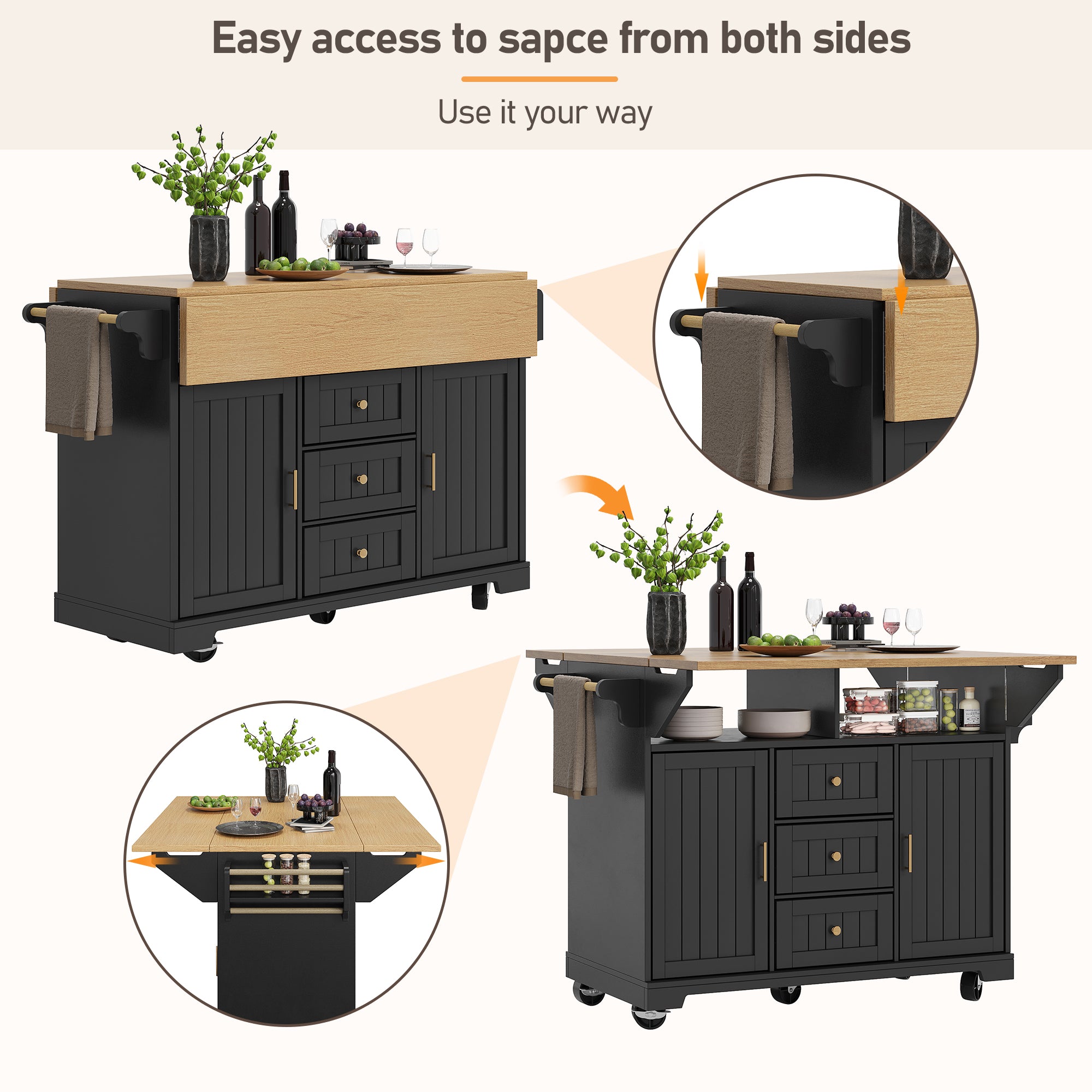 Kitchen island, cabinet, sideboard 120 x 40 (80) x 95 cm, extendable kitchen trolley with casters, extendable on both sides, with towel rail and spice rack, two doors, three drawers, black/white